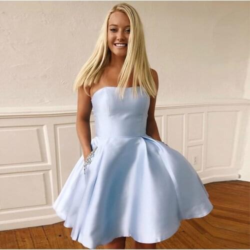 Strapless Cocktail Dresses With Pockets New Satin Knee Length Graduation Formal Party Dress Homecoming Gowns
