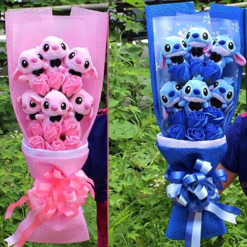 Lovely Cartoon Stitch Plush Toys stitch Bouquet with Artificial Flowers For Valentines Day Wedding Party Decoration