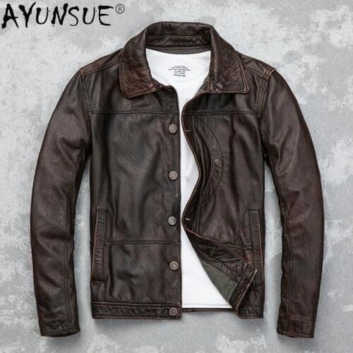 AYUNSUE Mens Genuine Leather Autumn Men Clothing Real Cow Leather Jacket Male Retro Denim Jacket Style Mens Clothes Ropa LXR392
