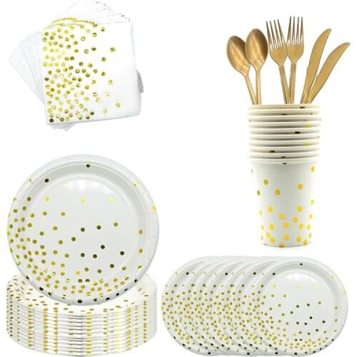 Gold dot Party Disposable Tableware set Pink White paper Plate cup napkin straw spoon fork for 10 guest Wedding party decoration