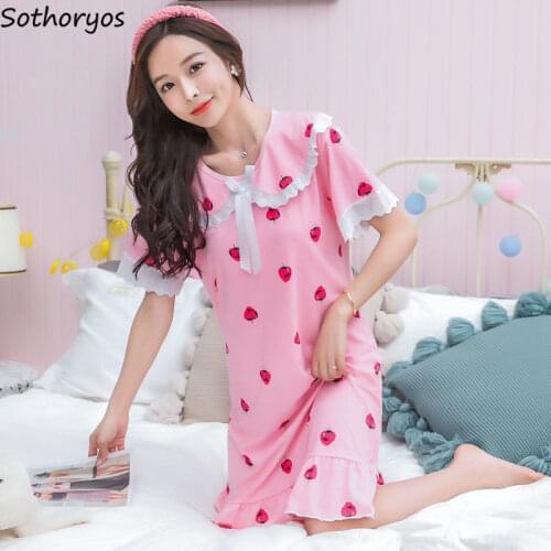 Nightgowns Women Printed Ruffle Sweet Bow Fashion Korean Style Lovely Oversize Loose Chic Students Sleepshirt Thin Breathable