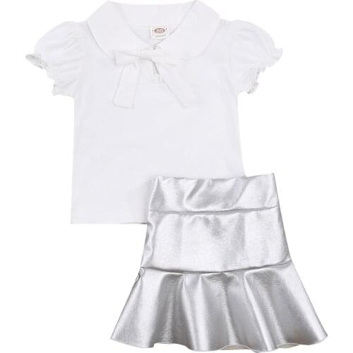 OPPERIAYA Baby Girl Clothing Two-Piece Summer Suit Lapel Bowknot Sleeveless Top and PU Leather Skirt for Birthday Party Vacation