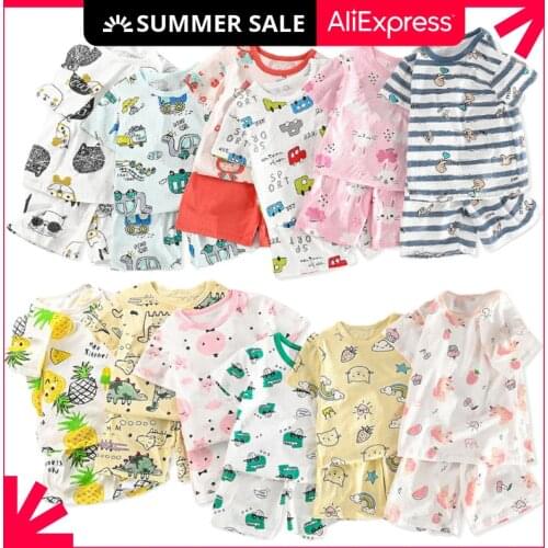 2-8 Years Baby Boy Girl Pajamas Cotton Sets Summer Hollow Sleepwear Top Shorts Pyjamas Suit for Girls Kids Toddler Home Clothes