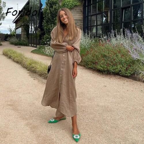 Foridol Cotton Linen Loose Casual Oversized Dress Maxi Long Lantern Sleeve Auttumn Spring Dress Vestidos Long Sleeve Dress 2021