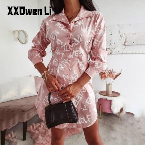 Letter Print Turn-down Collar Shirt Dress Autumn For Women Casual Long Sleeve Buttons Mini Dresses 2021 Office Ladies Slim Dress