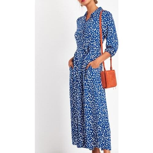 Polka Dots Print Three Quarters Turn Down Collar Bandage Pocket Dress Women Boho Casual Loose Streetwear Beach Chiffon Dresses