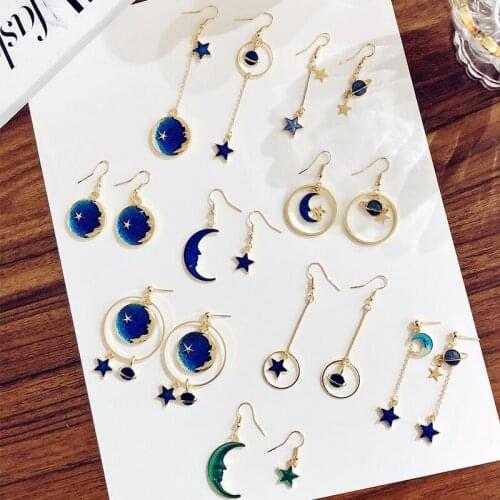 Fashion Red Women Star Moon Earringshook Bohemian Blue Geometric Ear Hook Jewelry Round Metal Pendant Jewelry Gift