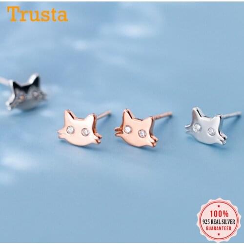Trusta Genuine 925 Sterling Silver Cute Smooth Kitten Dazzling CZ Stud Earrings For Women Daughter Girls Wedding Jewelry DS1935