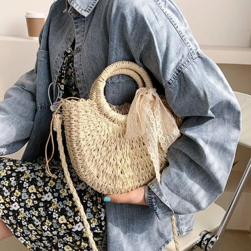 Straw Bag Women Hand-Woven Handbag Moon Shape Lace Bow Rattan Bag Big Capacity Drawstring Casual Beach Shoulder Crossbody Bag