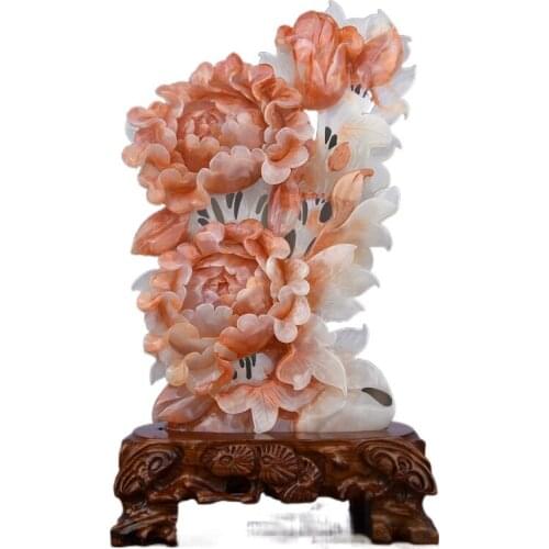 TT Twinkling Stars Red Flower Ice Jade Peony Flowers and Birds Rough Stone Ornaments Chinese Style Living Room Decorations