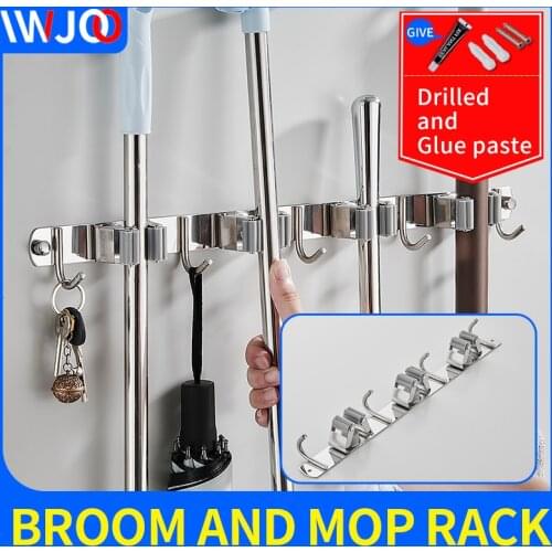 Toilet row hooks stainless steel broom and mop rack screw free installation bathroom shelves umbrella storage rack