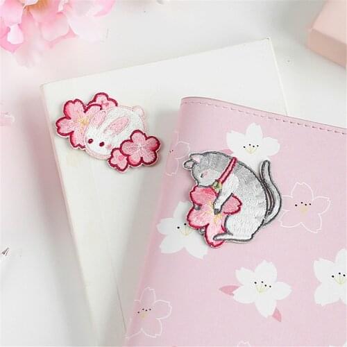 Ursmart 1PC cute Sakura Flower Embroidery Patches for Bag Jeans Shiba Cat Rabbit Iron On Patches for Clothes Small DIY Patch