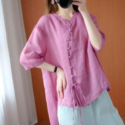 Vintage Linen Pink Women Shirts 2021 Summer V-Neck Button Loose Oversized Casaul All Match Irregularfemale Shirts Outwear Tops