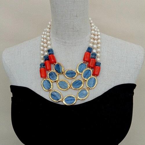 YYGEM 3strands Natural Blue Kyanite Oval Red Coral Tube Real White Round Pearl statement Necklace Female Jewelry 18"