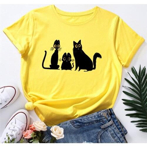 S-5XL T Shirt Cute Black Cat Print Women T-Shirt 100%Cotton Women Shirts O Neck Short Sleeve Tees Summer Female TShirt