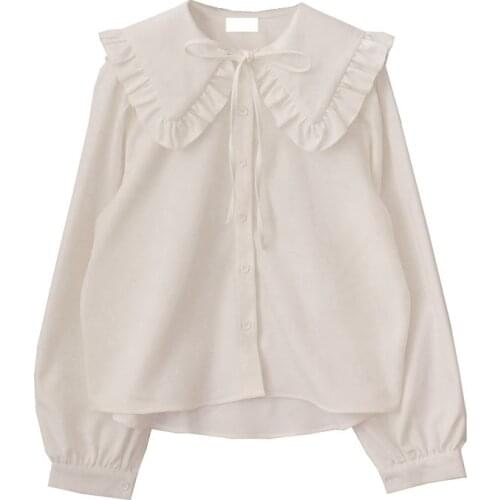 Autumn Vintage Ruffle Lace Women Blouse Elegant Bow Tie Neck Button Up Long Sleeve Black Shirt Lolita Sweet Sailor Collar Tops