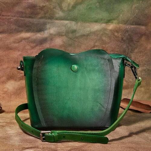 2021 Winter Vintage Genuine Cow Leather Women Bucket Bag Hand Painted Solid Color Shoulder Crossbody Bags Leisure Messenger Bags