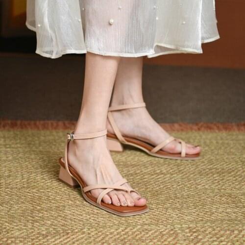 BLXQPYT Elegant Fashion Zapatos De Mujer Leather Gladiator Sandals Women 2021 Open Toe Low Heels Party Shoes Size 32-43 D-54