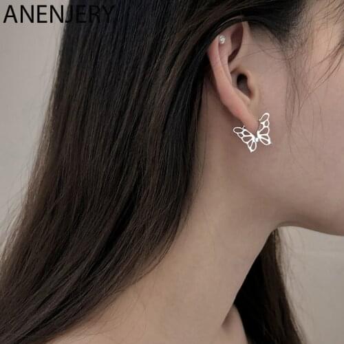 ANENJERY 925 Sterling Silver Hollow Design Butterfly Hoop Earrings for Women Girl Christmas Gift Dropshipping S-E1320