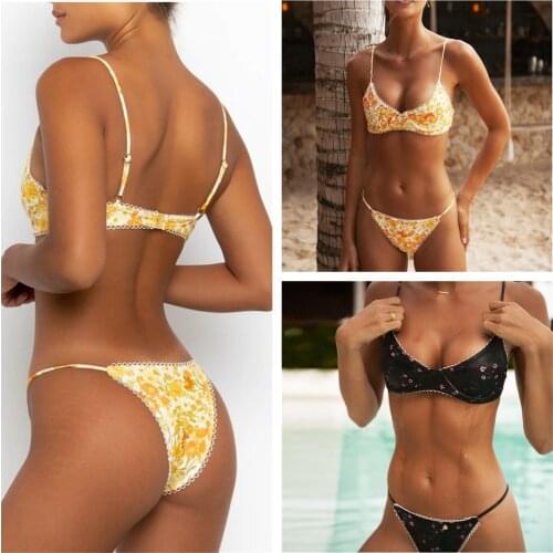Ladies Summer Split Swimwear Set Adults Women Leisure Style Floral Printing Lace Decoration Sexy Backless Bikini Swimsuit
