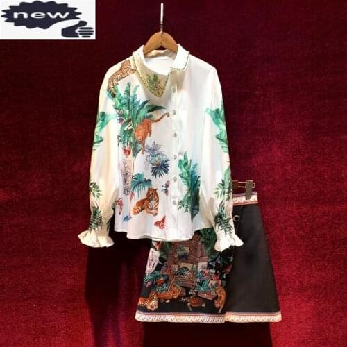 Vintage Printing Slim Fashion Elegant Women Designer Beading Lapel Long Sleeve Shirts Short Skirts Two Piece Set