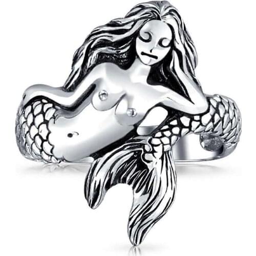 Milangirl Retro Style Ladies Ring Simple Ancient Thai Carving Mermaid Female Ring Temperament Girl Jewelry Factory Direct Sales