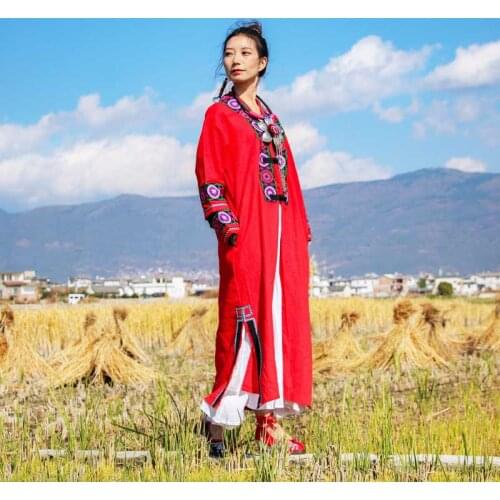 Original Cotton Linen Large size women coat Ethnic embroidery womens clothing Red Easy leisure Robes
