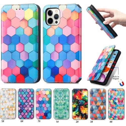 10Pcs Rainbow Lattice PU Leather Wallet Magnetic Absorb Flip Phone Cover TPU Case for iPhone 6 7 8 Plus XS XR X 11 12 13 Pro Max