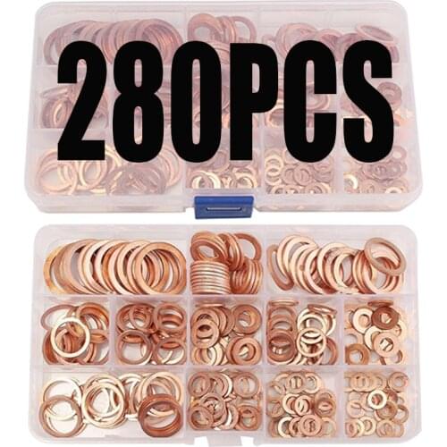280pcs Copper Washers Copper Sealing Washer 12 Sizes Assorted Solid Copper Crush Washers Seal Flat Ring Set with Case