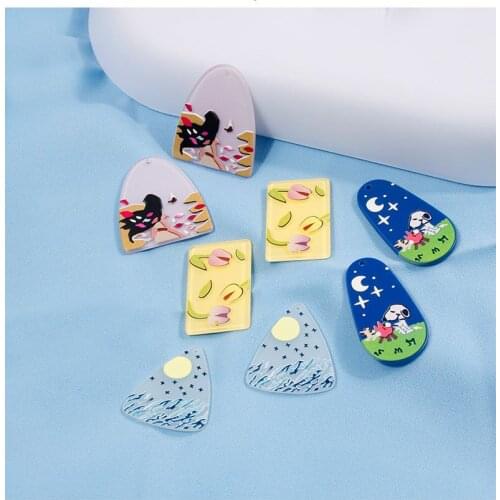 4pcs Narcissus pattern Square Acrylic Earring Charms 3D Resin Stamp Cartoon Dog Pendant DIY Jewelry Accessories