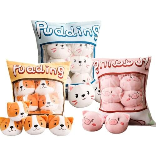 A bag of cute 8pcs pig cat dog plush toy life like pudding pillow simulation snack soft doll home decoration creative kids toy