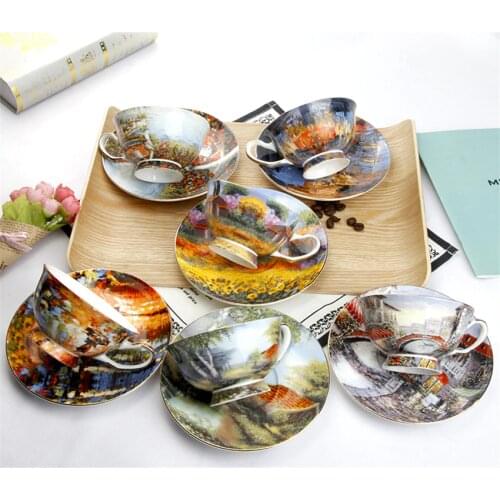 Europe Art coffee cup Creative cups and saucers set Fine Bone China tea cups Oil Painting cafe espresso cup For Afternoon tea