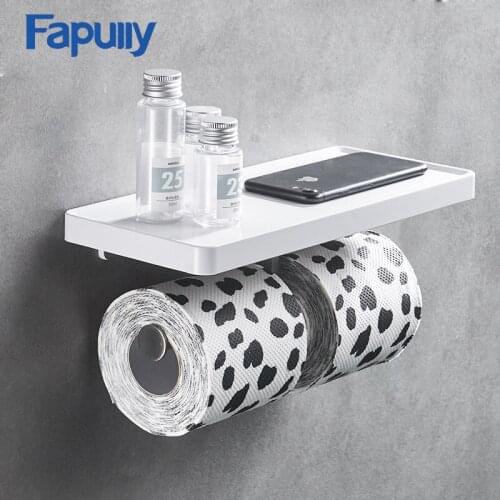 Fapully Wall Mounted Toilet Paper Holder Stainless Steel Double Hooks Rolls Stand Wall Holder Bathroom White ABS Shelf G163