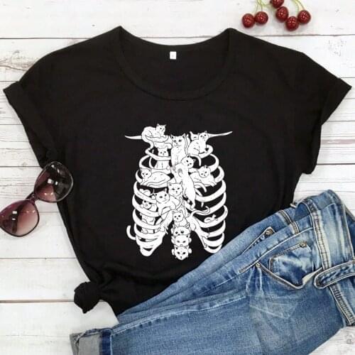 Rib Cage With Cats T-shirt Spooky Skull Halloween Graphic Tshirt Funny Cat Mom Goth Art Tee Shirt Top
