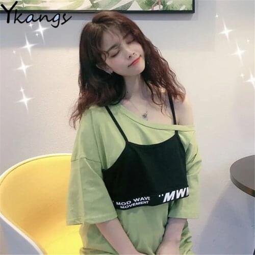 Harajuku Oversized Green T-Shirt Female Y2k Crop Top Green Pull Kawaii Shoulder Korean Fashion Streetwear Summer Clothes Women