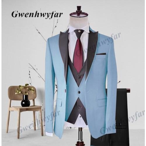 Gwenhwyfar 2021 Autumn New 3 Pieces Wedding Groom Tuxedo Sky Blue/Burgundy/Beige/Royal Blue/Navy/White Men Suits 3 Pieces Set
