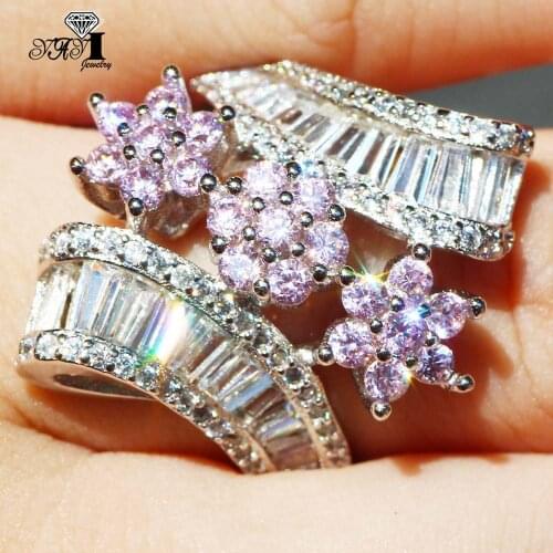 YaYI Fine Jewelry Fashion Princess Claw Set Cut Pink Cubic Zirconia Silver Color Engagement Wedding Party Leaves Gift Rings