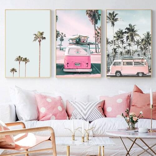 Pink Beach Coconut Tree Bus Warm Color Art Painting Modern Design Home Decoration Canvas Painting Nordic Beautiful Wall Hanging