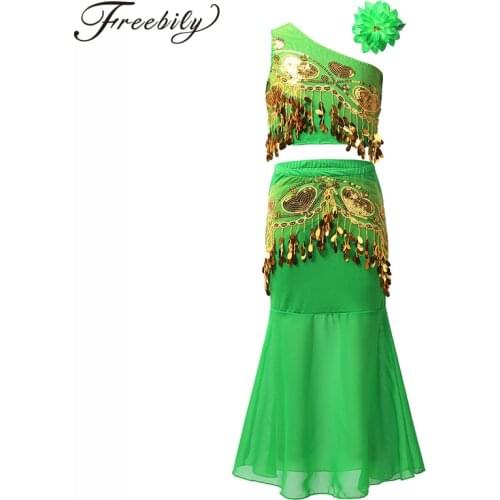 Child Kids Sleeveless One-shoulder Sequins Tassel Crop Top with Fishtail Skirt Set Girls Stage Performance Belly Dance Costume