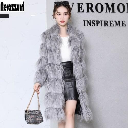 Nerazzurri Faux fur coat women 2019 winter gray long haired furry fluffy fake fu jacket plus size women clothing 4xl 5xl 6xl 7xl