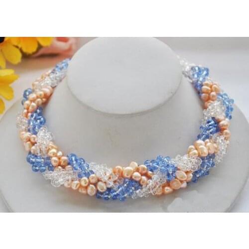 New Fine Pearl Jewelry 6row 18'' Pink Baroque Freshwater Pearl Blue Clean Crystal Faceted Knit Necklace Handmade Nice Women Gift
