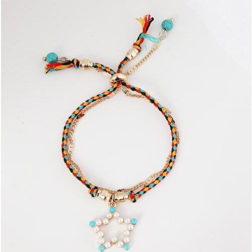 Ins Handmade Braided Colorful Cotton Thread Pearl Star Cross Chevron Adjustable Bracelets Trendy Korean Fashion Party Jewelry