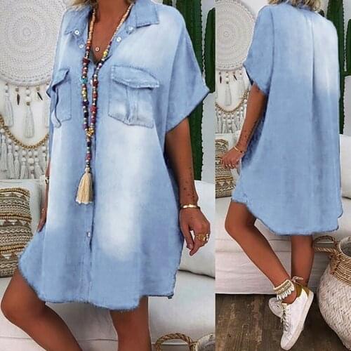 Plus Size Women Vintage Dresses Denim Asymetric Batwing Short Sleeve Casual Dress Women Clothing Robe Femme Vestido De Mujer