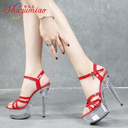 Sandals Heel 15CM Platform Transparent High Heel Shoes 2021 Summer Hollow Out Cross Vamp Buckle Strap Women Stilettos Size 43
