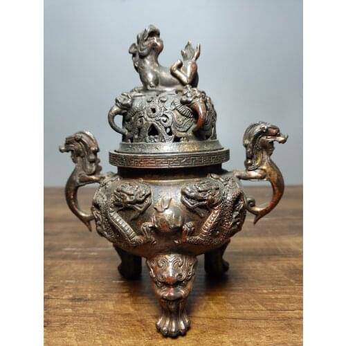 6" Tibet Buddhism Old Bronze Cinnabar Lacquer Unicorn lion statue cover incense burner Three-legged dragon Binaural Long Incense