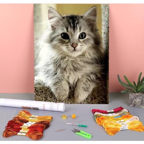 Animal Cat Printed Fabric 11CT Cross Stitch Embroidery Full Kit DMC Threads Handicraft Craft Knitting Handiwork For Needle