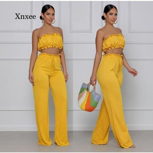 Crop Tops 2 Piece Set Summer Women Trousers Suit Solid Sleeveless Strapless Drawstring Waist Loose Pants Fashion Sexy Outfit