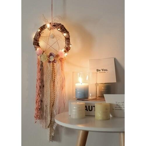 Wind Chimes Cute Pendant LED Stars String Lights DIY Wind Chimes Feathers Wall Hanging Decor Dream Catcher Girl Room Decoration