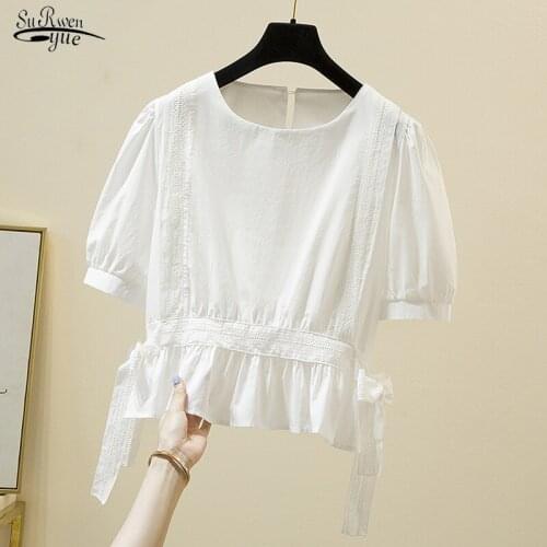 Summer Simple Sold White Blouse with Lace Plus Size Women Clothing 4XL Loose Shirt Ladies Tops Puff Sleeve O-neck Blouses 14838