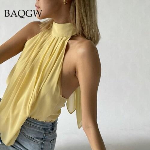 Womens Clothing 2021 Summer Sexy Wrap Halter Tops Vintage High Street Backless Chiffon Solid Off Shoulder Bandages Tank Top